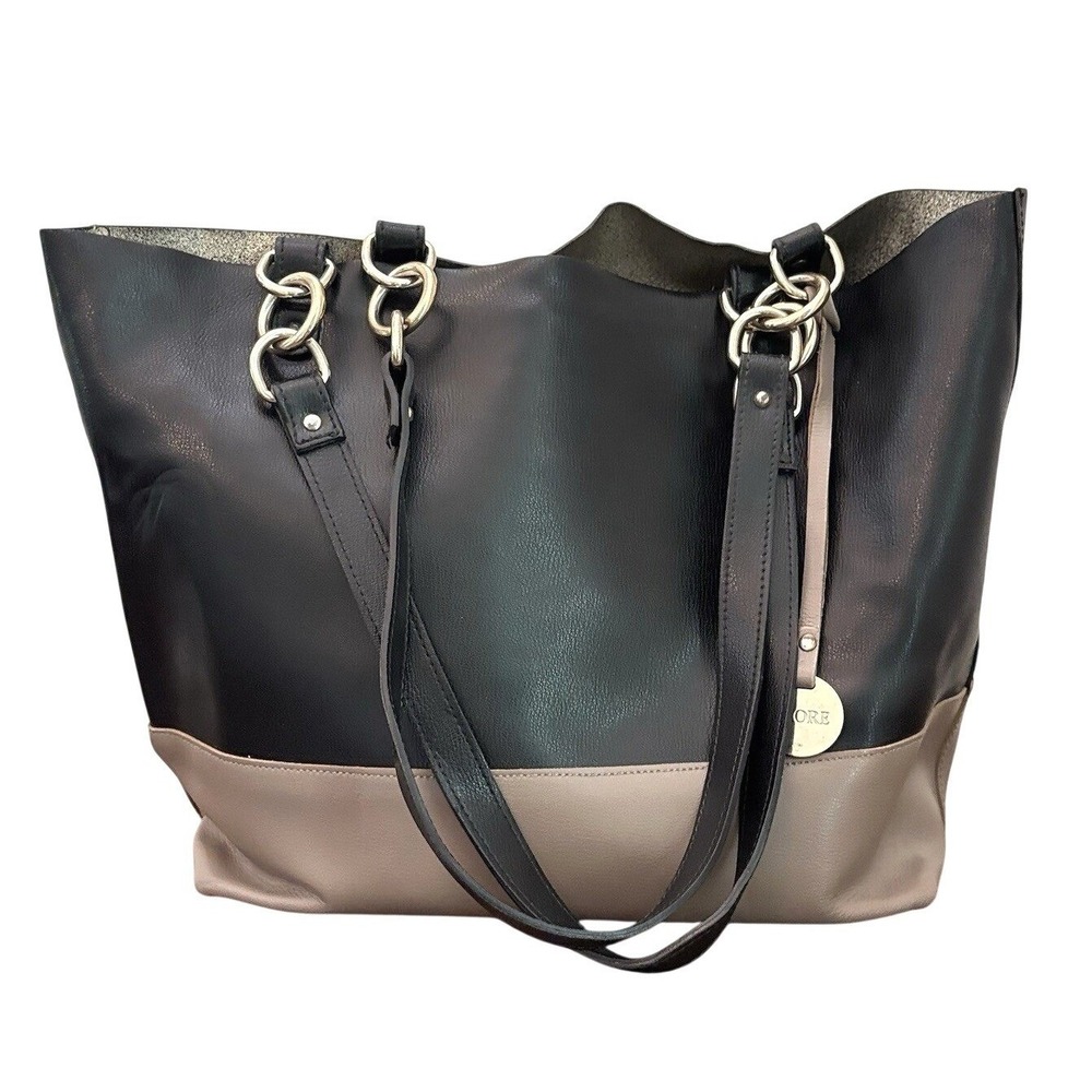 Fiore Italian Leather Tote Bag Black Taupe Made In Italy Large Shoulder Purse